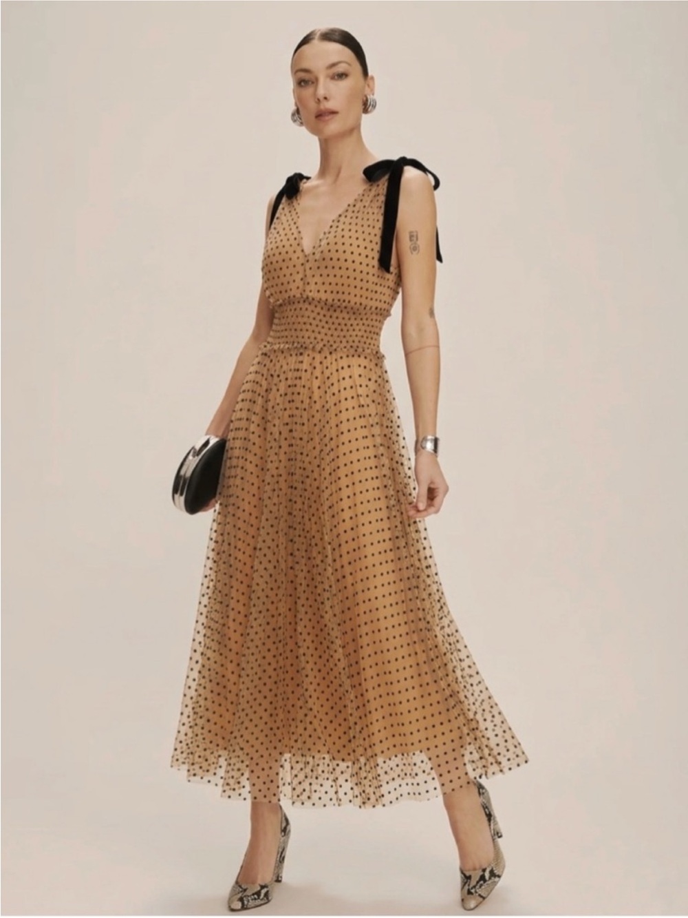 Lucy Paris Tan Polka Dot Midi Dress with Black Shoulder Ties